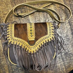 Wrangler Fringed Leather Crossbody Bag - Brown and Tan